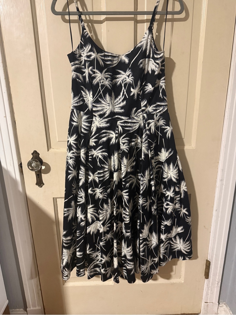 Black & White Palm-Print Spaghetti Strap Dress